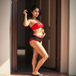 A stunning and adorable Punjabi female, age 28, wearing bikini-style activewear shorts, a red strapless top, a black and red thong, and sandals