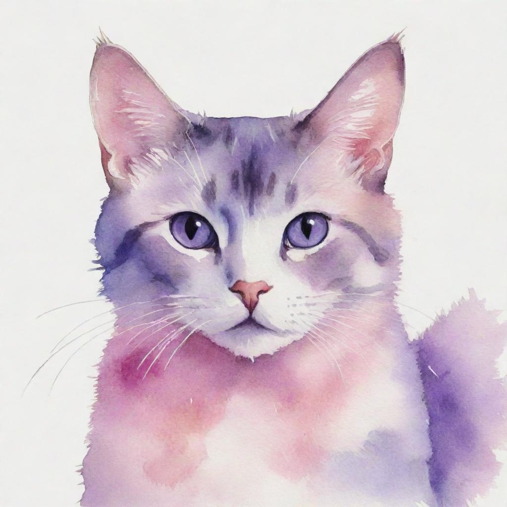 A cute watercolor painting of a cat, portrayed in a charming palette of pink and purple colors.