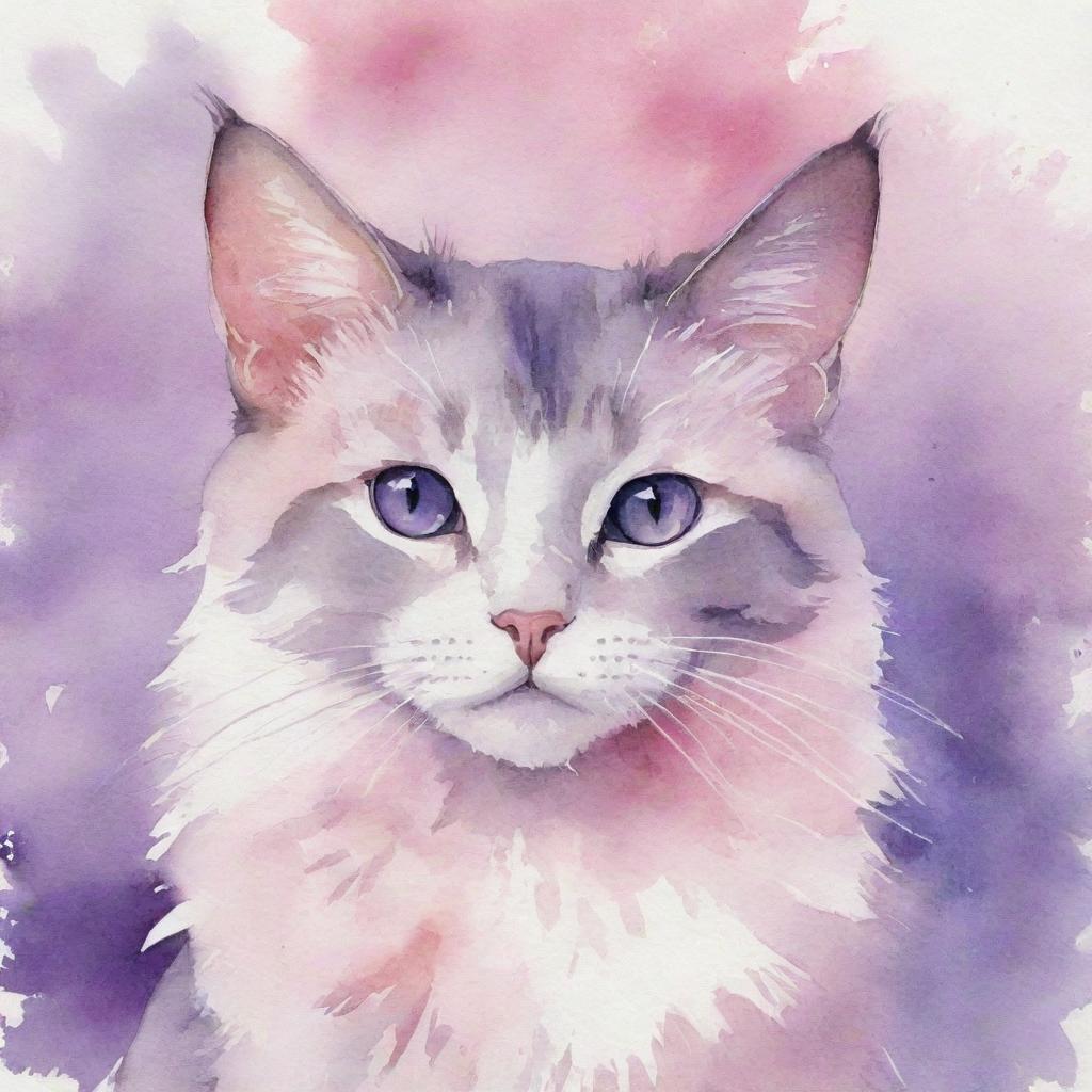 A cute watercolor painting of a cat, portrayed in a charming palette of pink and purple colors.