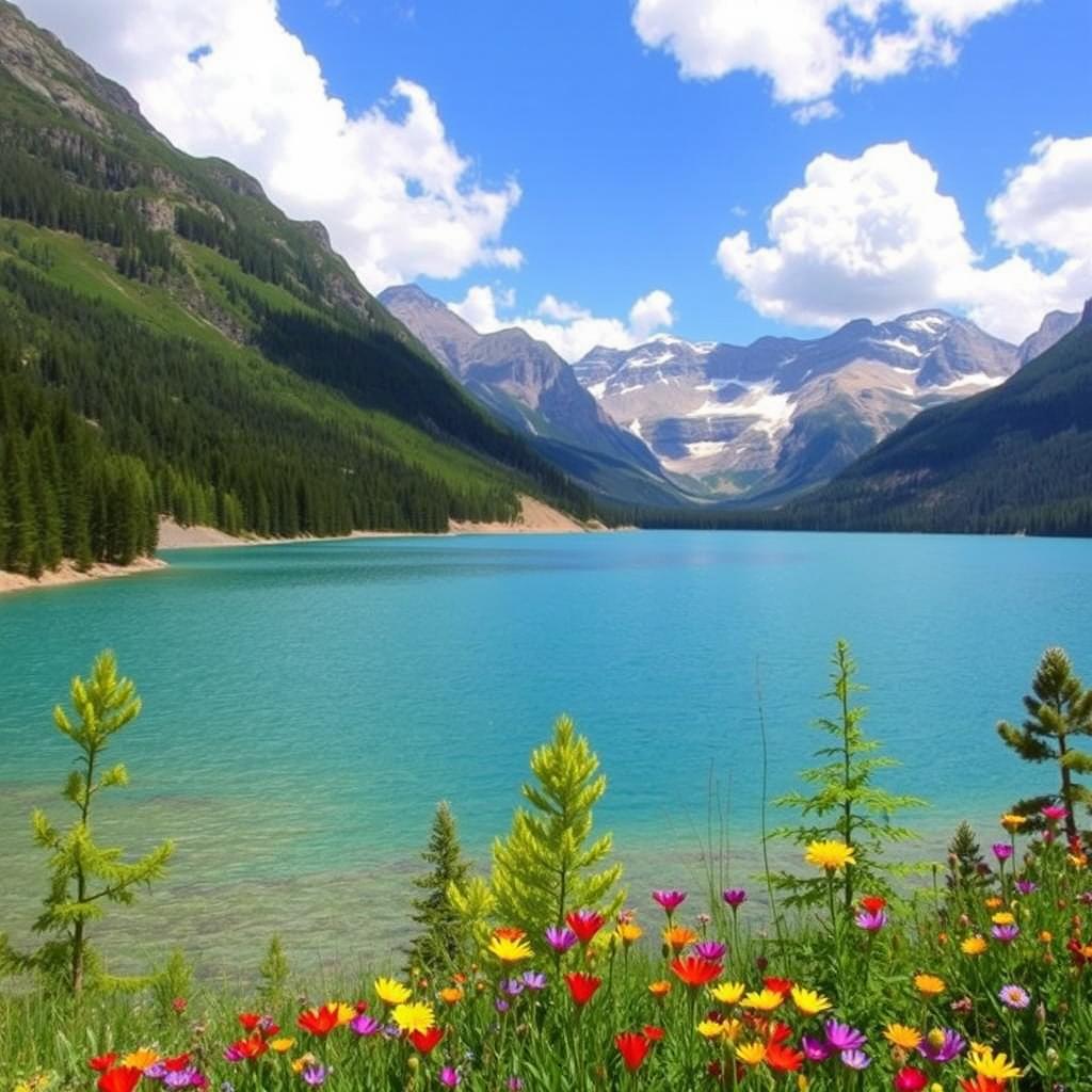 A beautiful landscape featuring a serene lake surrounded by mountains, with a clear blue sky and fluffy white clouds