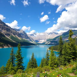 A beautiful landscape featuring a serene lake surrounded by mountains, with a clear blue sky and fluffy white clouds