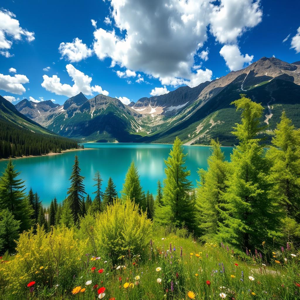 A beautiful landscape featuring a serene lake surrounded by mountains, with a clear blue sky and fluffy white clouds