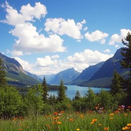 A beautiful landscape featuring a serene lake surrounded by mountains, with a clear blue sky and fluffy white clouds