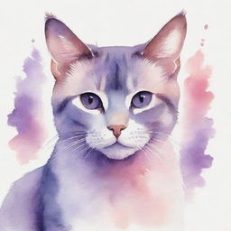 A cute watercolor painting of a cat, portrayed in a charming palette of pink and purple colors.