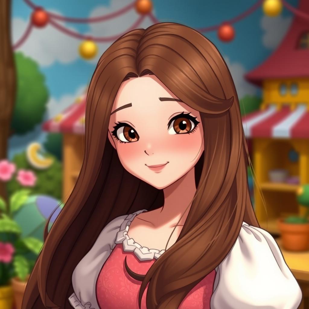 A character with beautiful, long brown hair