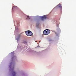 A cute watercolor painting of a cat, portrayed in a charming palette of pink and purple colors.