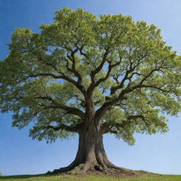 A majestic tree standing tall, with lush green leaves against a clear blue sky.