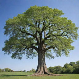 A majestic tree standing tall, with lush green leaves against a clear blue sky.