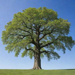 A majestic tree standing tall, with lush green leaves against a clear blue sky.