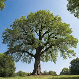 A majestic tree standing tall, with lush green leaves against a clear blue sky.