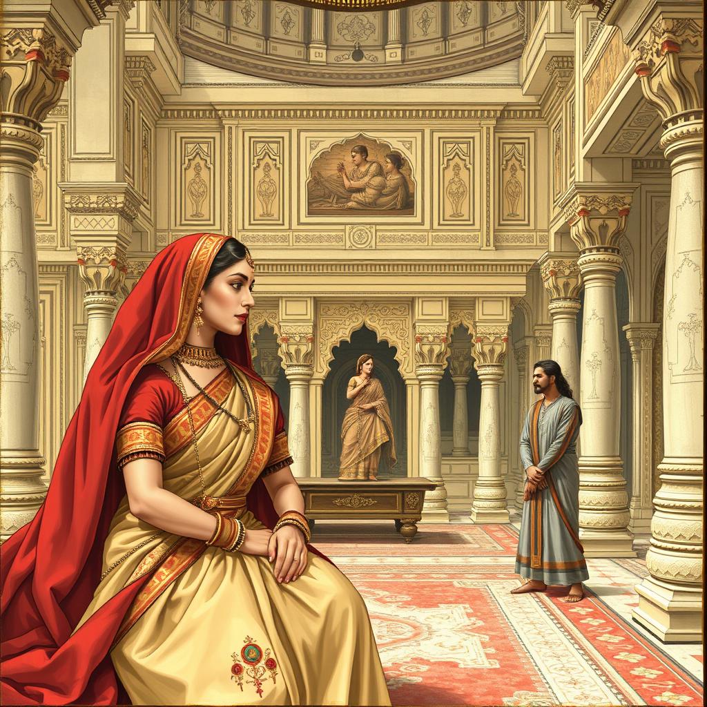 A historical depiction of an Indian mistress with her servant in a traditional Indian palace setting