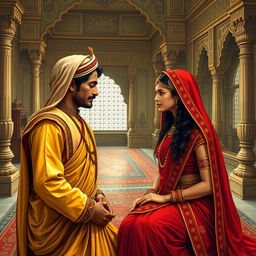 A historical depiction of an Indian mistress with her servant in a traditional Indian palace setting