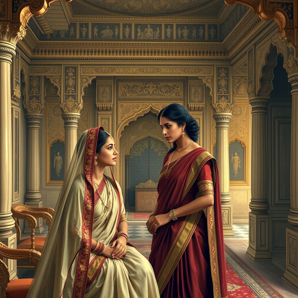 A historical depiction of an Indian mistress with her servant in a traditional Indian palace setting