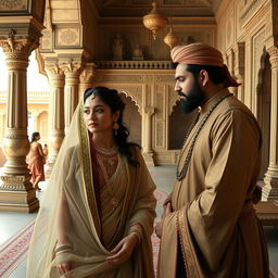 A historical depiction of an Indian mistress with her servant in a traditional Indian palace setting