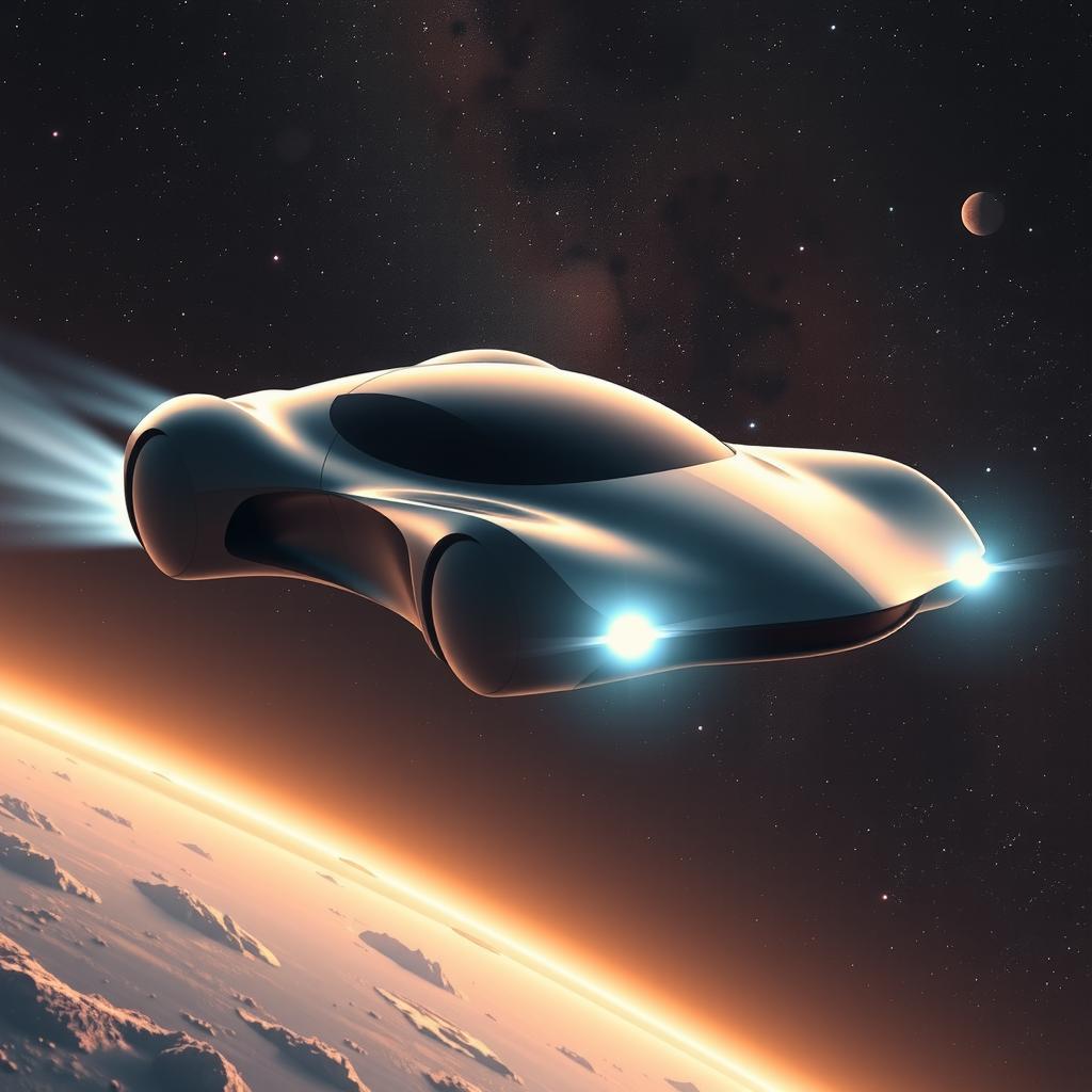 A sleek, aerodynamic flying car with glowing thrusters soars through the vast expanse of outer space, surrounded by stars, planets, and distant galaxies, creating a breathtaking cosmic panorama