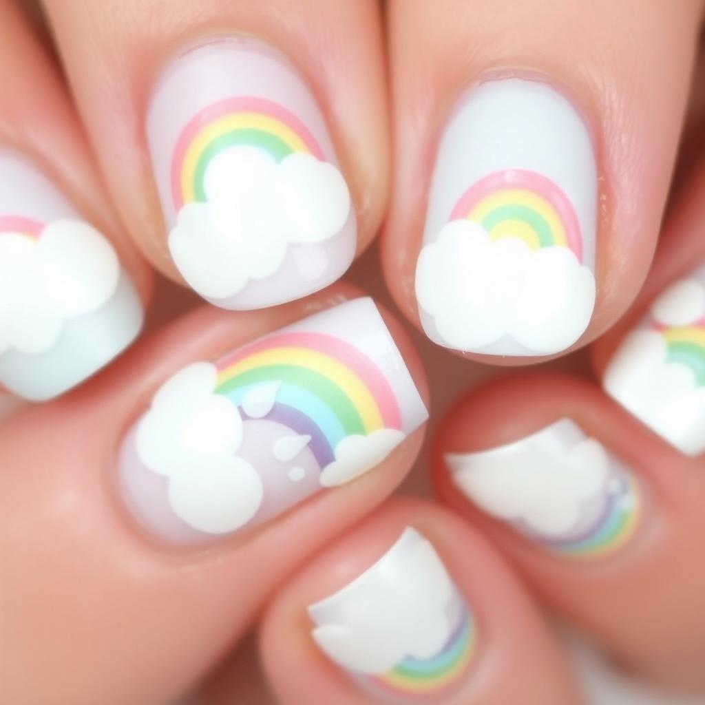 A close-up of nail art featuring a pastel rainbow design with fluffy clouds and delicate raindrops