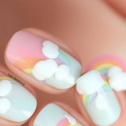 A close-up of nail art featuring a pastel rainbow design with fluffy clouds and delicate raindrops