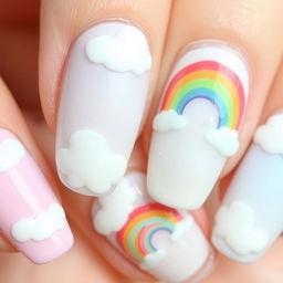 A close-up of nail art featuring a pastel rainbow design with fluffy clouds and delicate raindrops