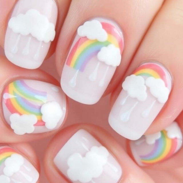 A close-up of nail art featuring a pastel rainbow design with fluffy clouds and delicate raindrops