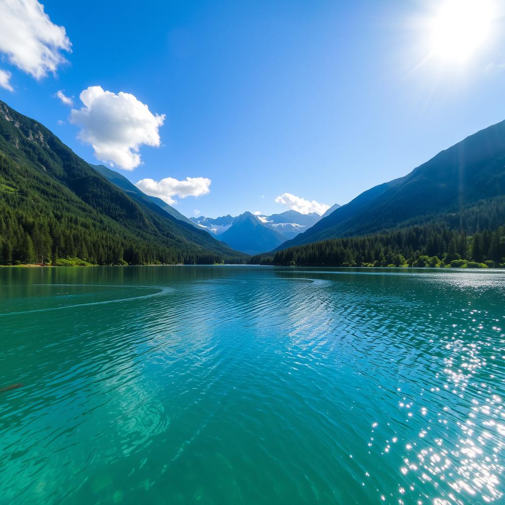 A beautiful and serene landscape featuring a crystal-clear lake surrounded by lush green forests and majestic mountains in the background