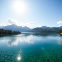 A beautiful and serene landscape featuring a crystal-clear lake surrounded by lush green forests and majestic mountains in the background