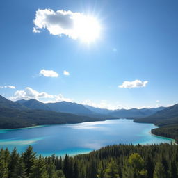 A beautiful and serene landscape featuring a crystal-clear lake surrounded by lush green forests and majestic mountains in the background