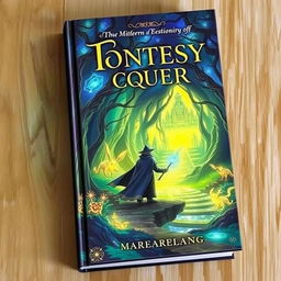 A captivating book cover featuring an enchanted forest with glowing mystical creatures, a hidden ancient temple in the background, and a protagonist in a cloak holding a magical staff