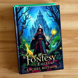 A captivating book cover featuring an enchanted forest with glowing mystical creatures, a hidden ancient temple in the background, and a protagonist in a cloak holding a magical staff