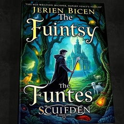 A captivating book cover featuring an enchanted forest with glowing mystical creatures, a hidden ancient temple in the background, and a protagonist in a cloak holding a magical staff