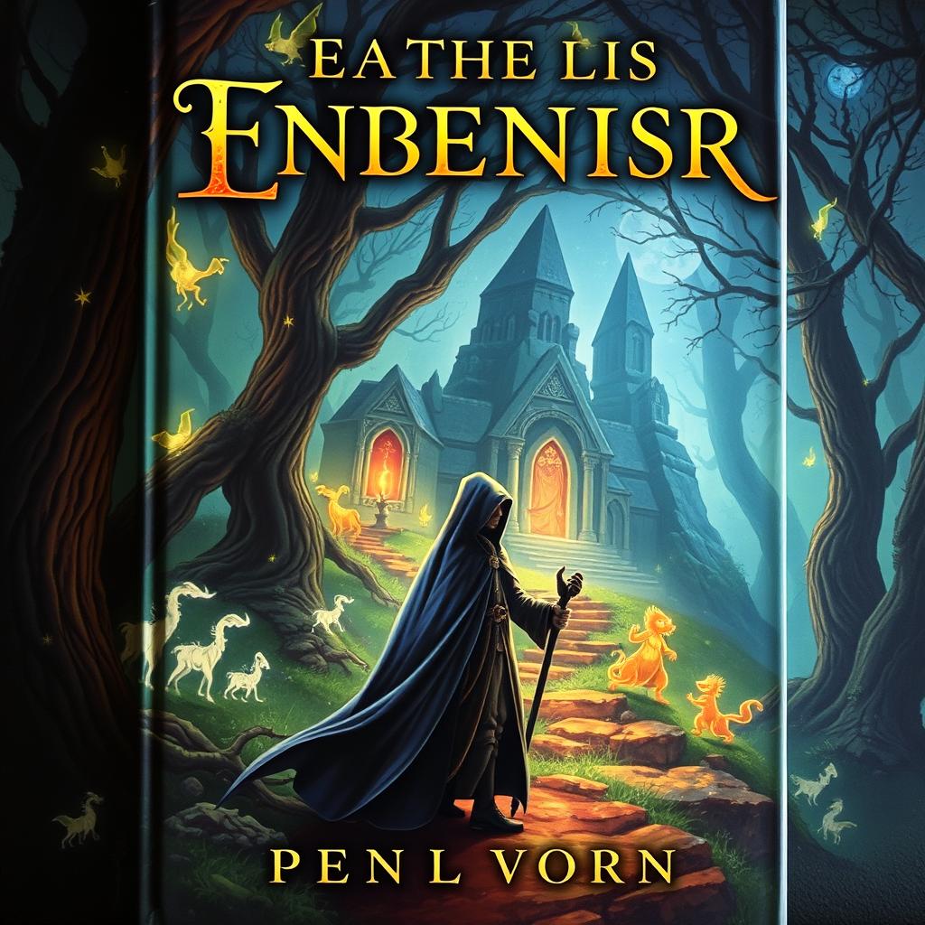 A captivating book cover featuring an enchanted forest with glowing mystical creatures, a hidden ancient temple in the background, and a protagonist in a cloak holding a magical staff