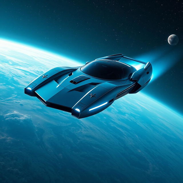 A futuristic flying car soaring through the vast expanse of space, with stars and distant planets visible in the background