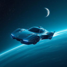 A futuristic flying car soaring through the vast expanse of space, with stars and distant planets visible in the background