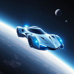 A futuristic flying car soaring through the vast expanse of space, with stars and distant planets visible in the background