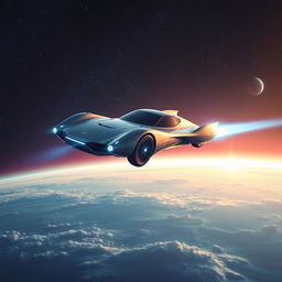 A futuristic flying car soaring through the vast expanse of space, with stars and distant planets visible in the background