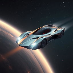 A futuristic flying car soaring through the vast expanse of space, with stars and distant galaxies in the background