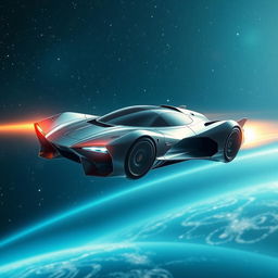 A futuristic flying car soaring through the vast expanse of space, with stars and distant galaxies in the background