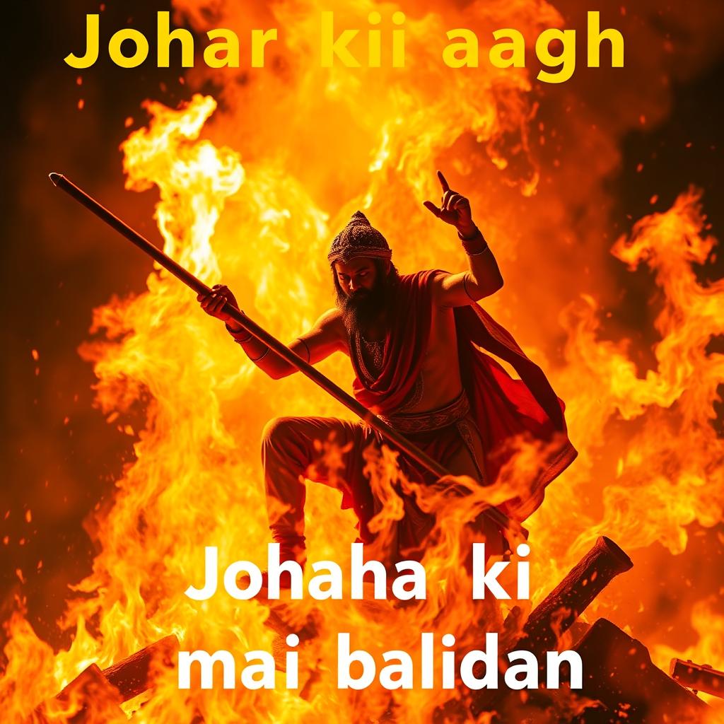 An artistic representation of a figure making a noble sacrifice in a blazing fire, symbolizing the concept of 'Johar ki aagh mai balidan'