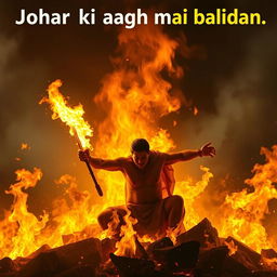 An artistic representation of a figure making a noble sacrifice in a blazing fire, symbolizing the concept of 'Johar ki aagh mai balidan'