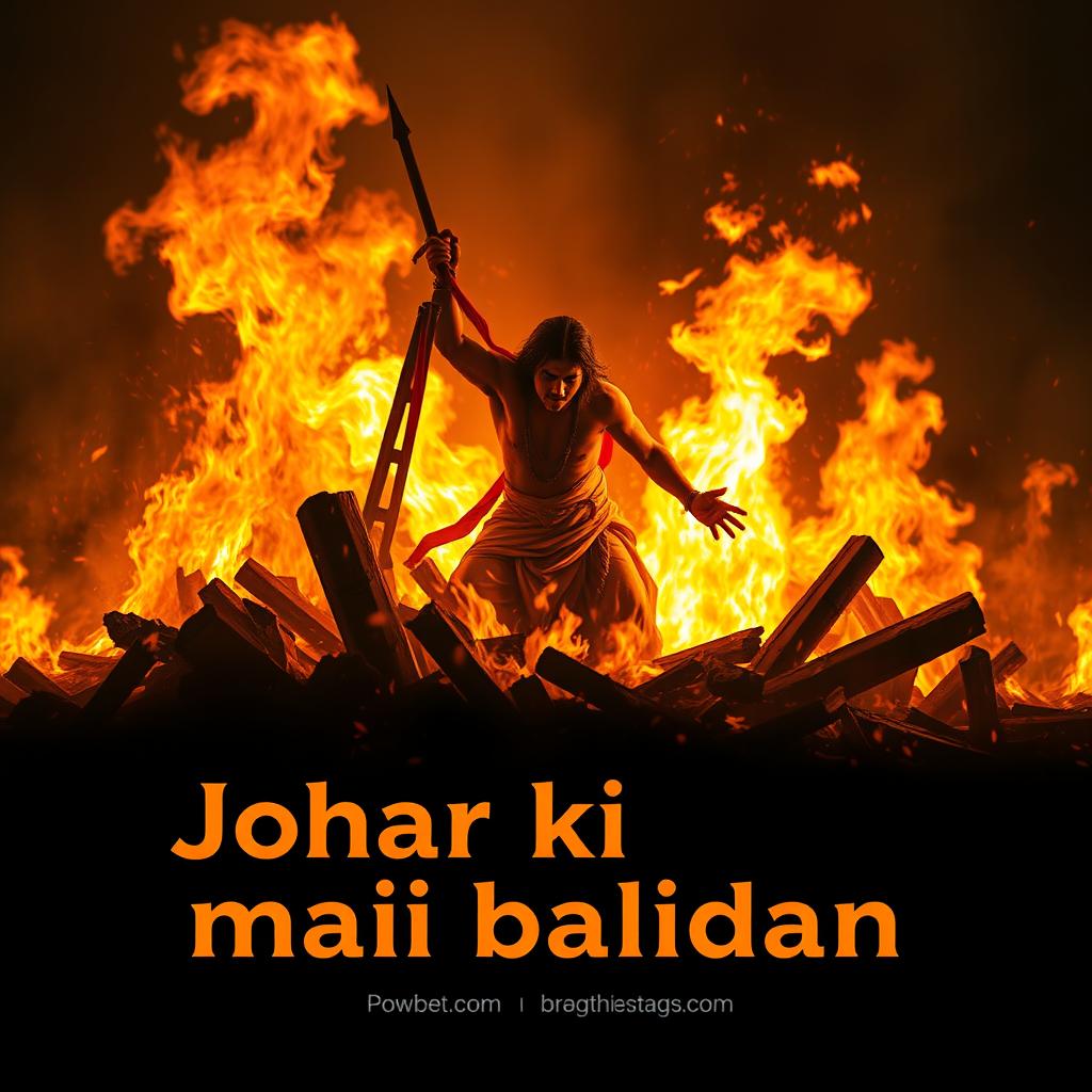 An artistic representation of a figure making a noble sacrifice in a blazing fire, symbolizing the concept of 'Johar ki aagh mai balidan'