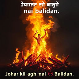 An artistic representation of a figure making a noble sacrifice in a blazing fire, symbolizing the concept of 'Johar ki aagh mai balidan'