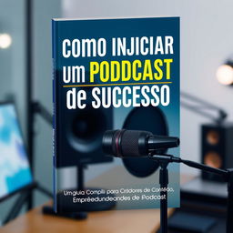 A book cover titled 'Como Iniciar um Podcast de Sucesso' with the subtitle 'Um Guia Completo para Criadores de Conteúdo, Empreendedores e Entusiastas de Podcast'