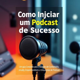 A book cover titled 'Como Iniciar um Podcast de Sucesso' with the subtitle 'Um Guia Completo para Criadores de Conteúdo, Empreendedores e Entusiastas de Podcast'