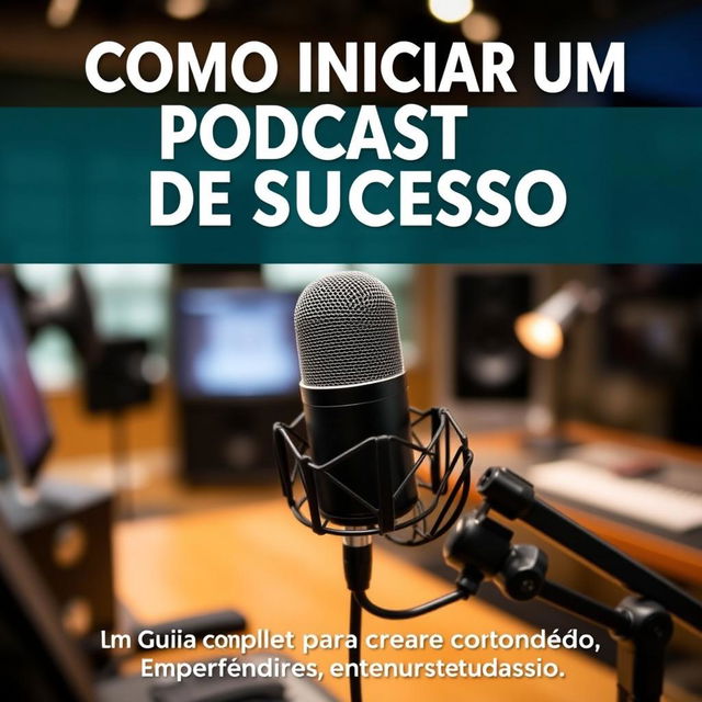 A book cover titled 'Como Iniciar um Podcast de Sucesso' with the subtitle 'Um Guia Completo para Criadores de Conteúdo, Empreendedores e Entusiastas de Podcast'