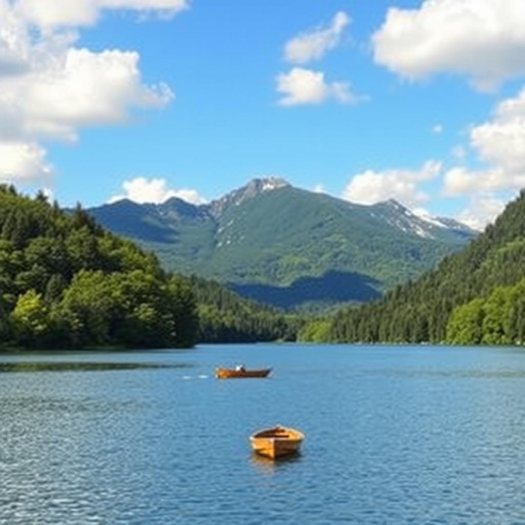 A beautiful landscape featuring a serene lake surrounded by lush green trees, with a clear blue sky and fluffy white clouds