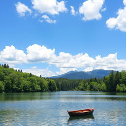 A beautiful landscape featuring a serene lake surrounded by lush green trees, with a clear blue sky and fluffy white clouds