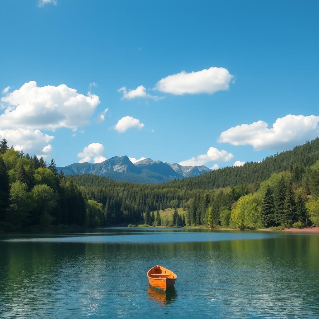 A beautiful landscape featuring a serene lake surrounded by lush green trees, with a clear blue sky and fluffy white clouds