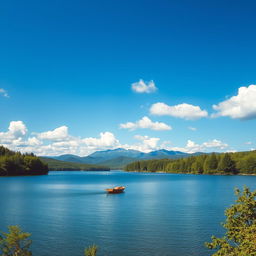 A beautiful landscape featuring a serene lake surrounded by lush green trees, with a clear blue sky and fluffy white clouds