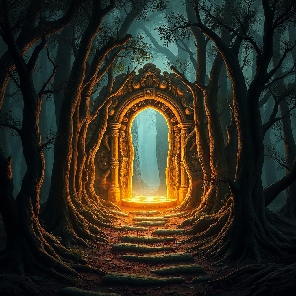 Create a captivating book cover that features a mysterious forest with an ancient, glowing portal