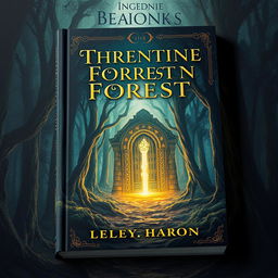 Create a captivating book cover that features a mysterious forest with an ancient, glowing portal