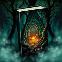 Create a captivating book cover that features a mysterious forest with an ancient, glowing portal